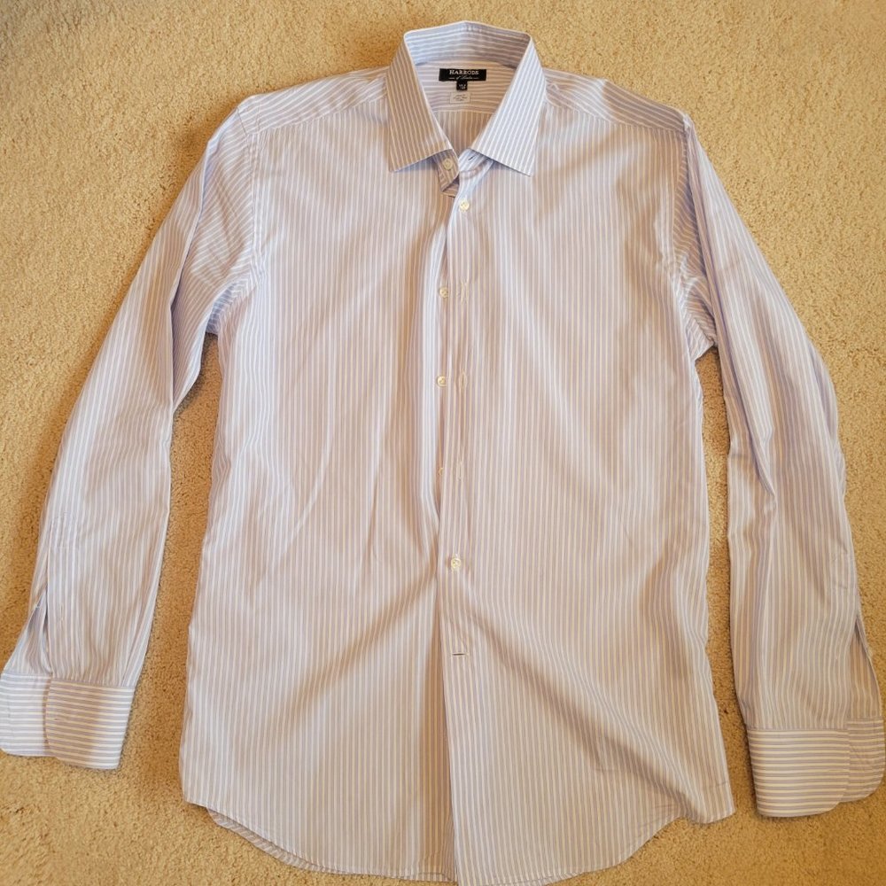 Harrods of London Mens Dress Shirt 15.5/39 Blue White striped Extra Fine Cotton